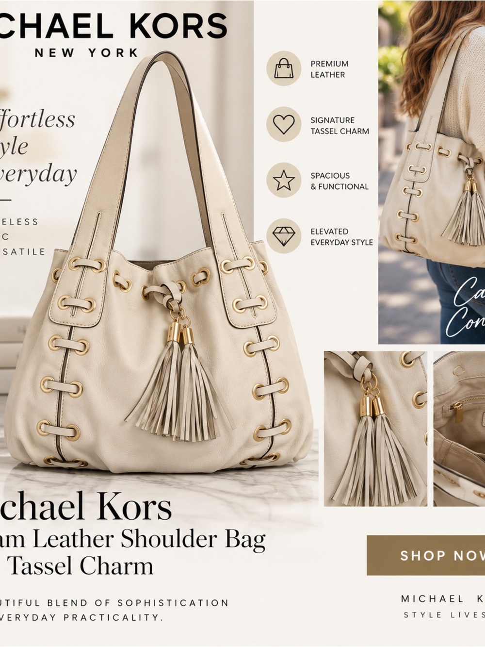 Michael Kors Cream Leather Shoulder Bag with Tassel Charm